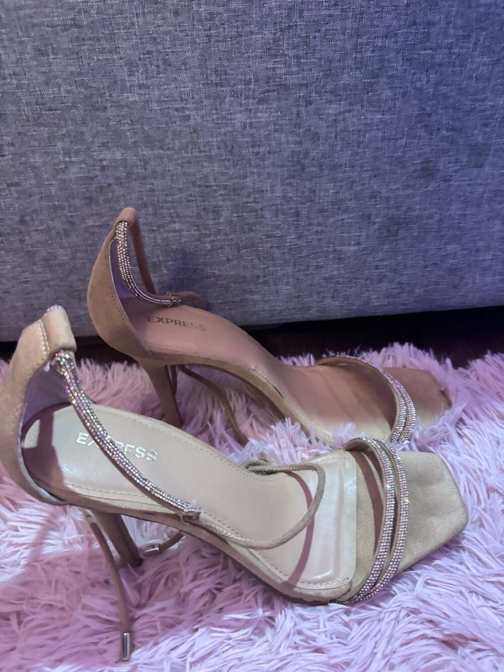 Express Rhinestone Strappy Heeled Sandals Nude Tan 9